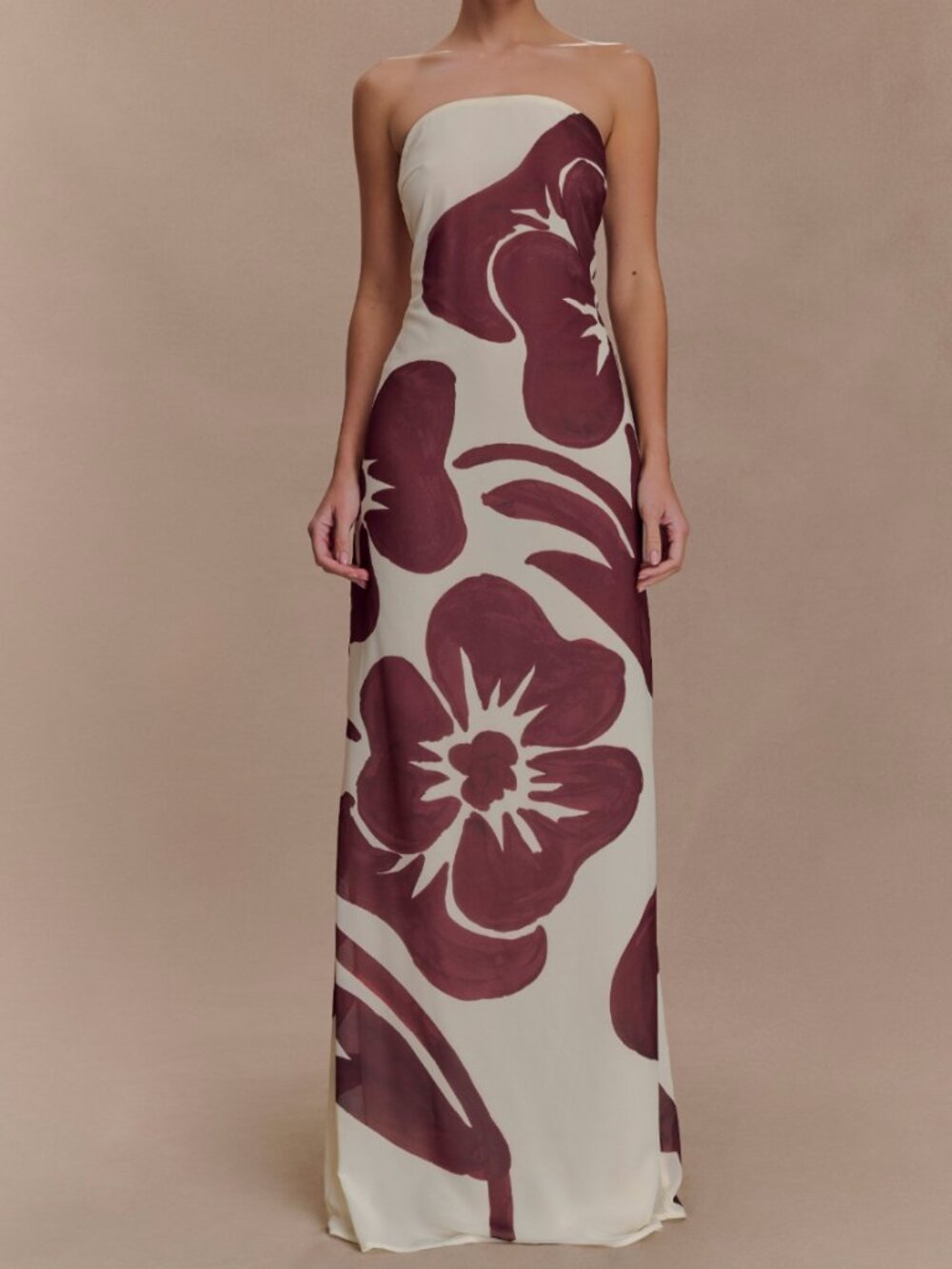 MESHKI: Amaya Strapless Chiffon Maxi Dress - Brown Deco Fleur Print XXS